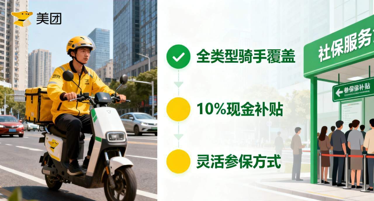 美团宣布社保补贴覆盖所有骑手每月500元的社保补贴，算是进了一步，与最低档的缴