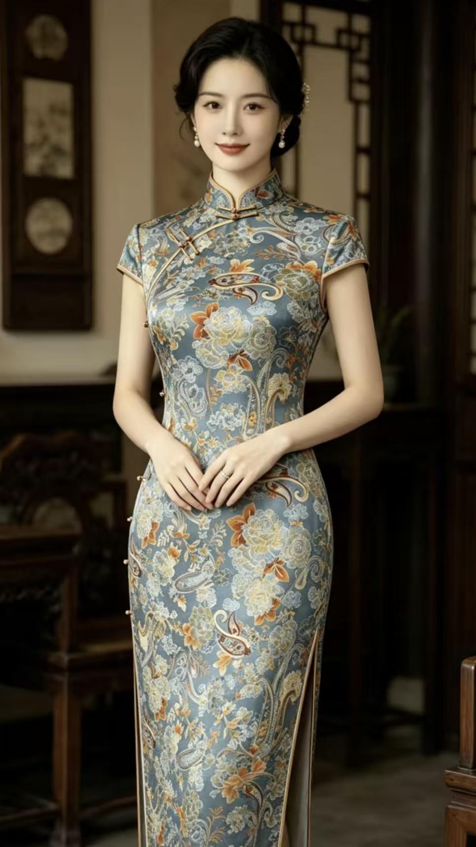 塞鸿秋·镜前雅影墨绸暗纹柔波溜，纤腰轻束风姿秀。晴光漫透窗棂牖，金莲绣影