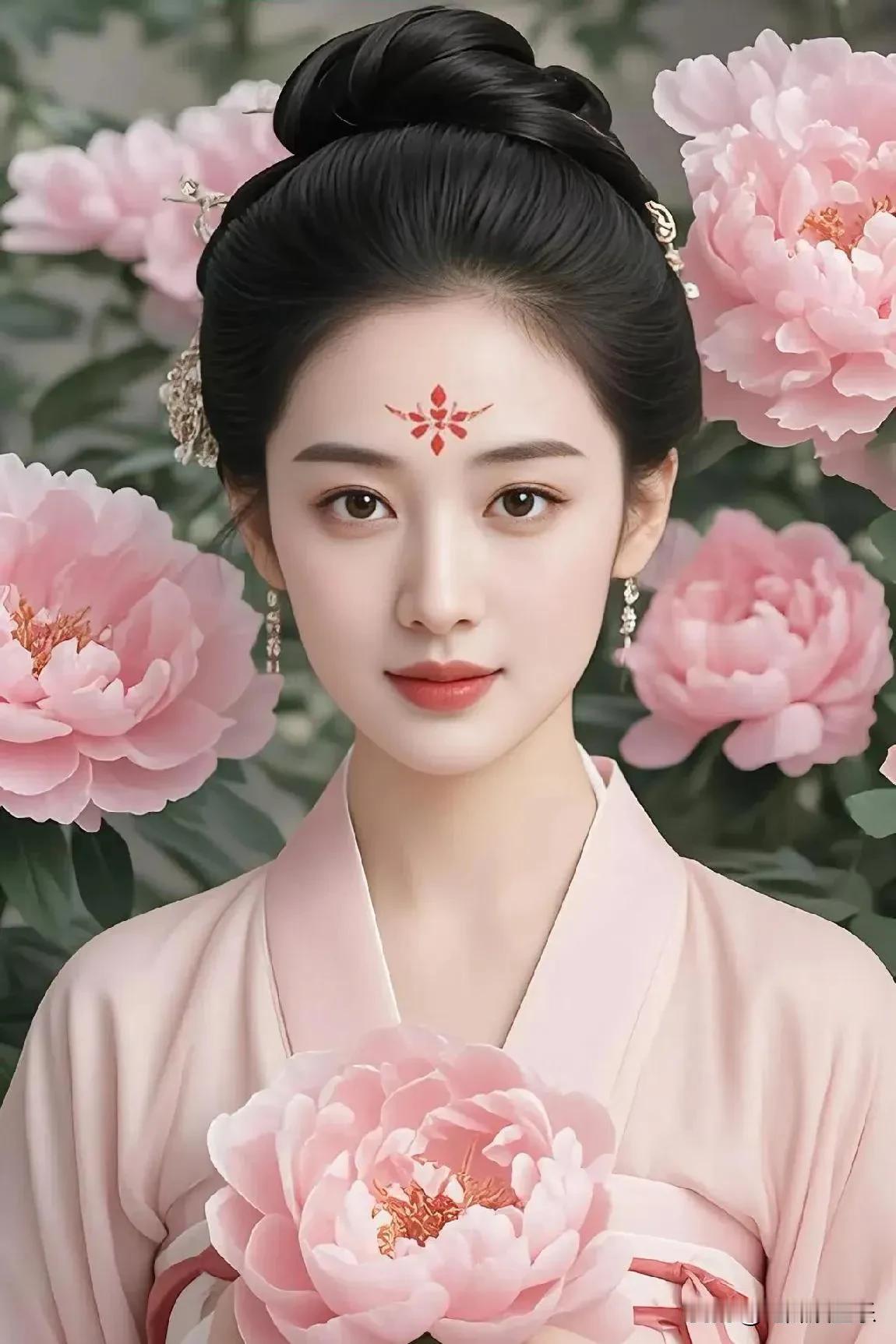 赞古风美人粉色古装真好看，发髻精致头上盘。手持牡丹面带笑，美如仙子落