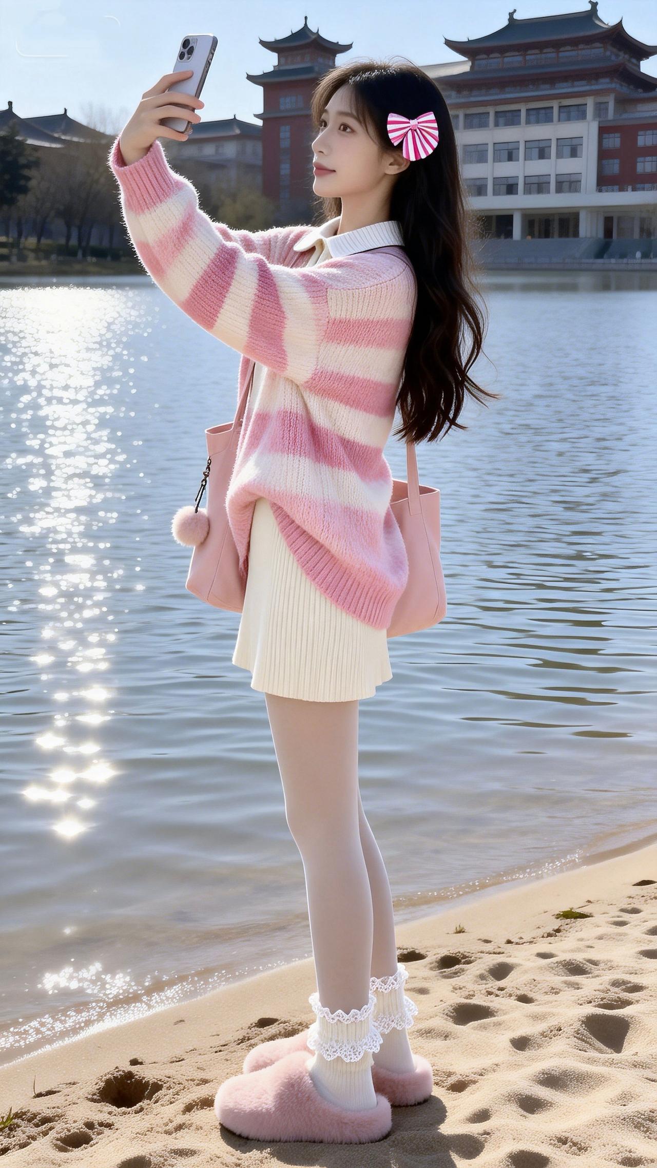 湖边的光裹着粉白条纹毛衣，软乎乎得像颗棉花糖～蕾丝袜+毛绒拖一踩，甜暖得连风都变