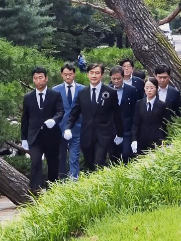 曹国带领祖国革新党的骨干成员去祭拜金大中，从走路的身形看，他在监狱里确实按他入狱