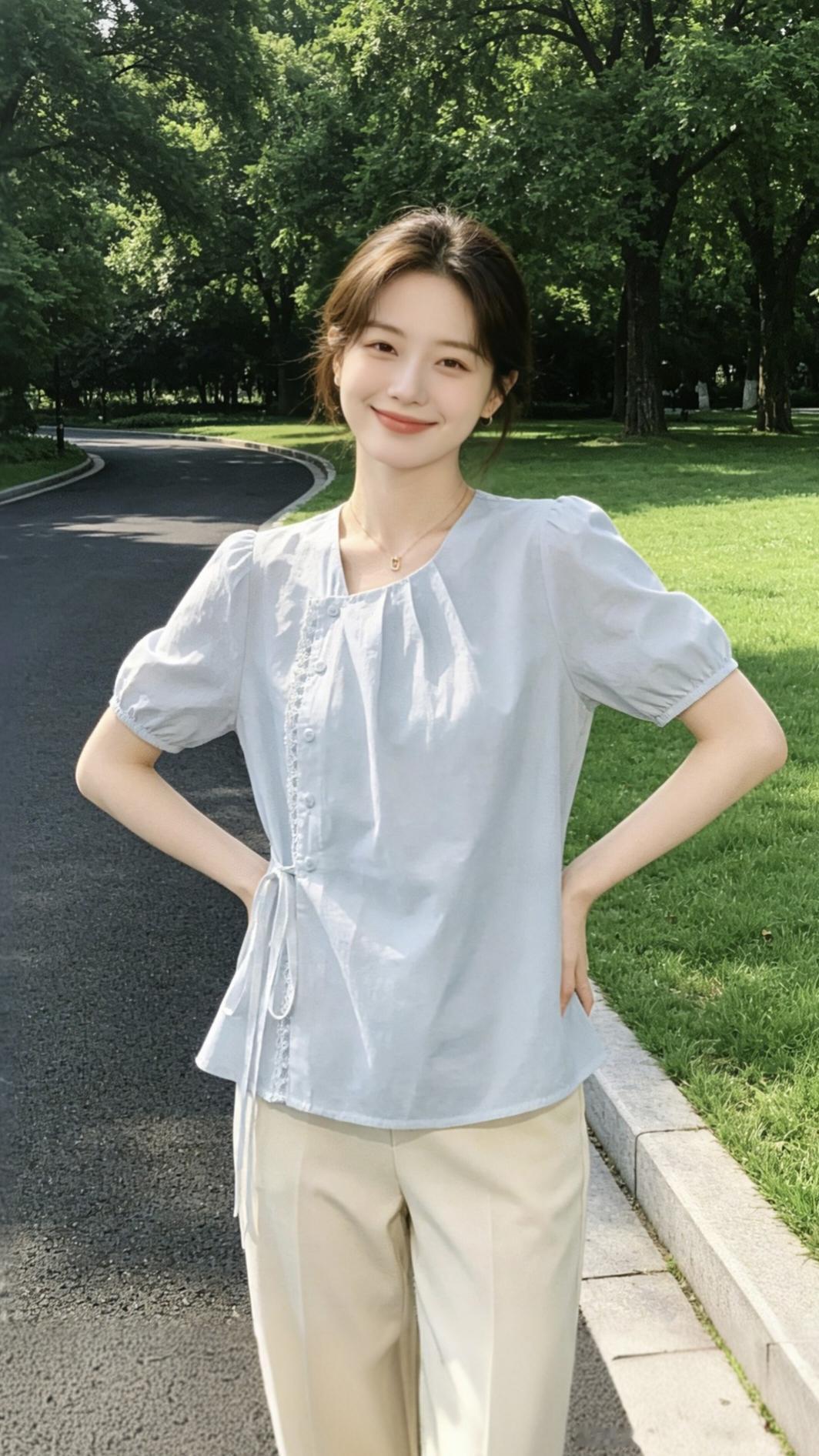 夏日温柔风穿搭短袖衬衫摆脱路人感穿搭大码显瘦