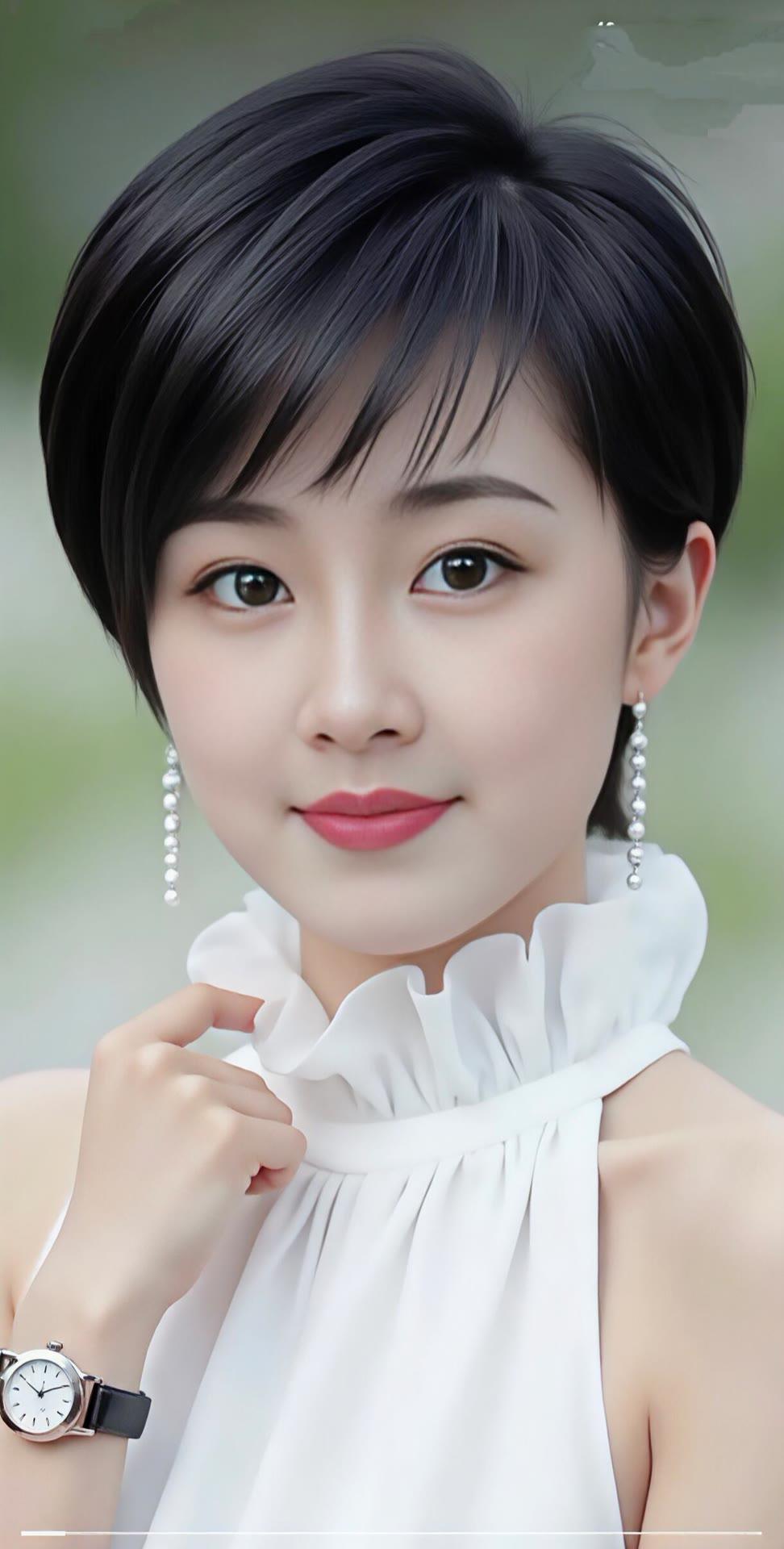 优雅短发，清新自然，珍珠耳环点缀，简约而不失精致。