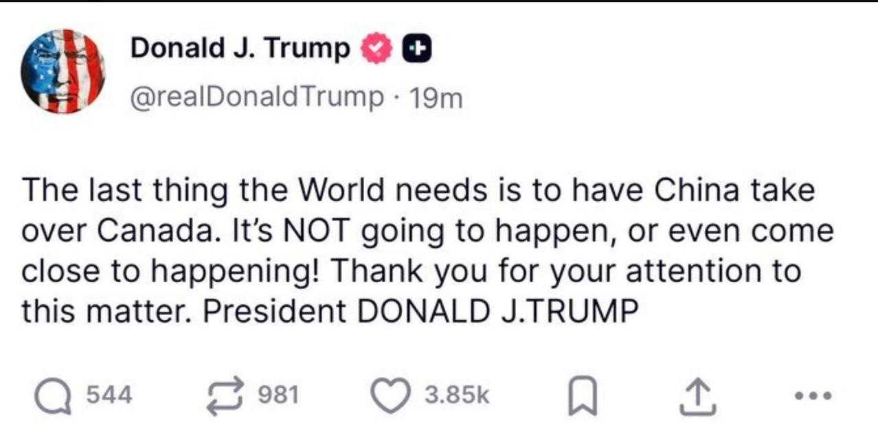 特朗普：中国不会接管加拿大“全世界最不需要发生的事情，就是让中国接管加拿大。这不