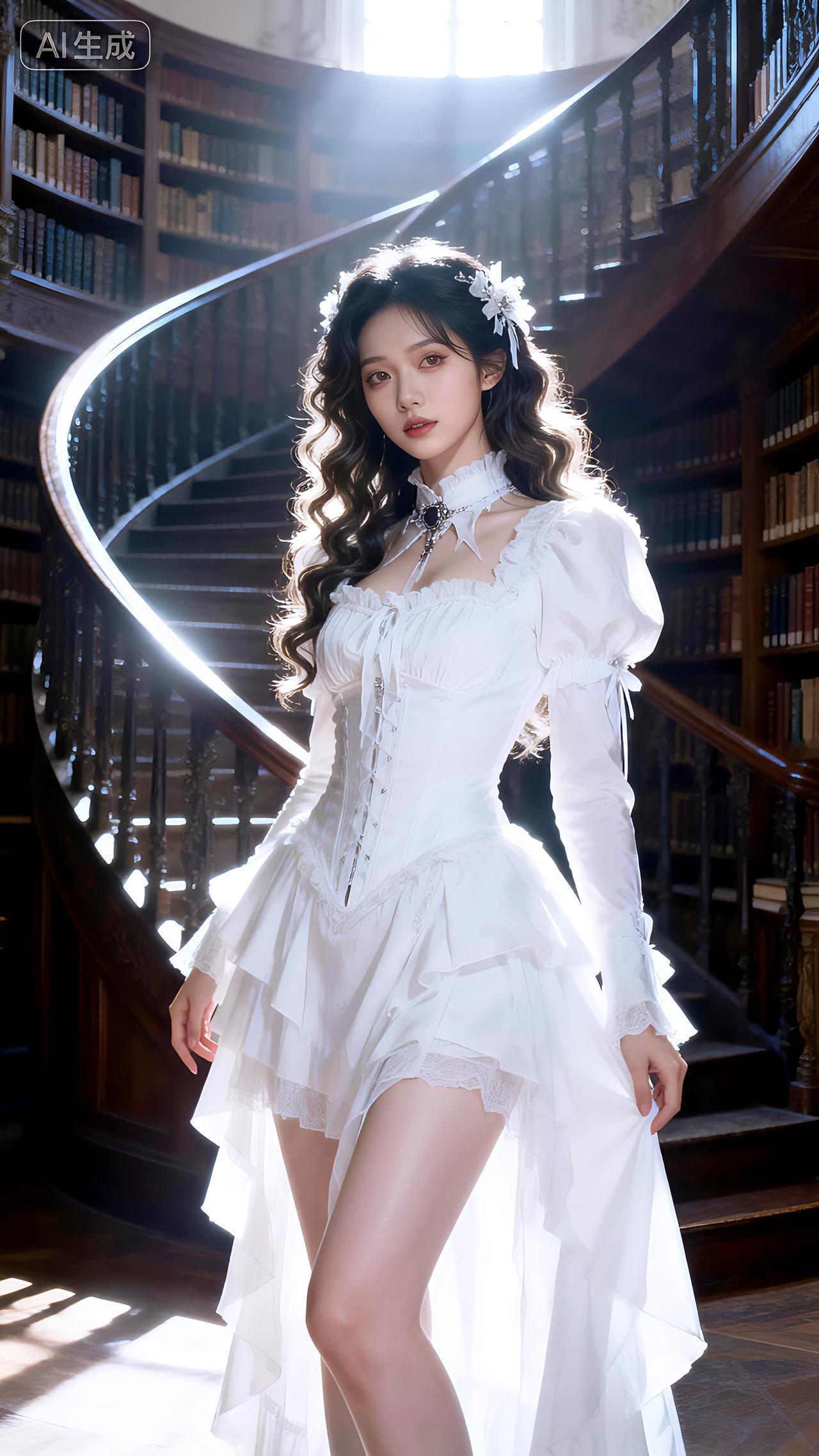 以白色哥特连衣裙为固定元素的高清写真集。豆包壁纸写真