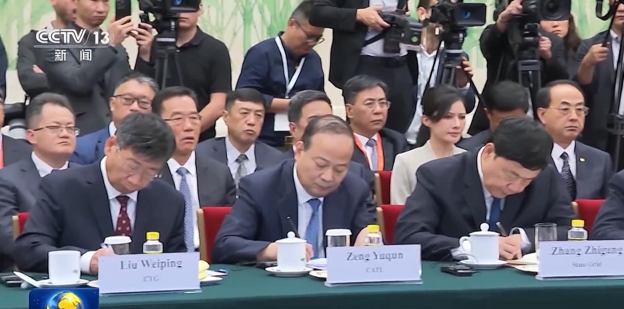 座谈会上，看到了宁德时代董事长曾毓群、中国长江三峡集团董事长刘伟平、京东集团董事