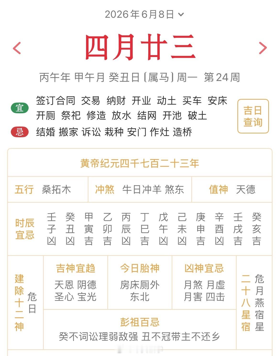 十二生肖每日简运仅供参考2026.6.8丙午年甲午月癸丑日癸丑天克地冲己未：八