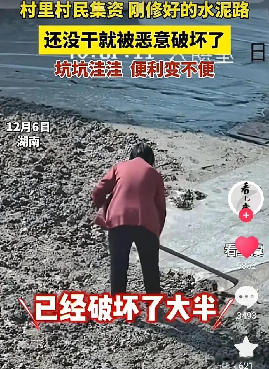 村民刚修好的水泥路，还没完全硬化就被人破坏了，破坏者是一位年近八旬的老太太，她个