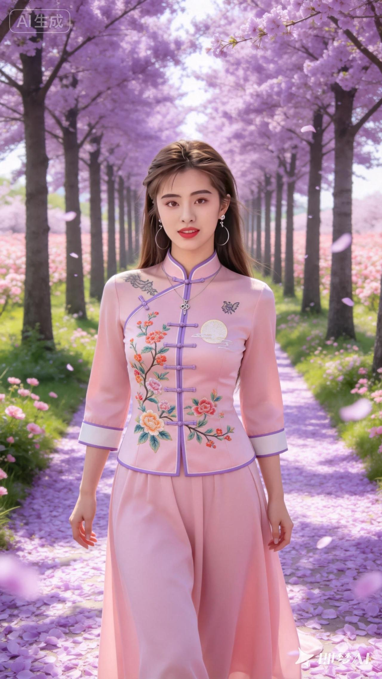 樱花树下，粉裙飘飘，古风少女漫步花海。