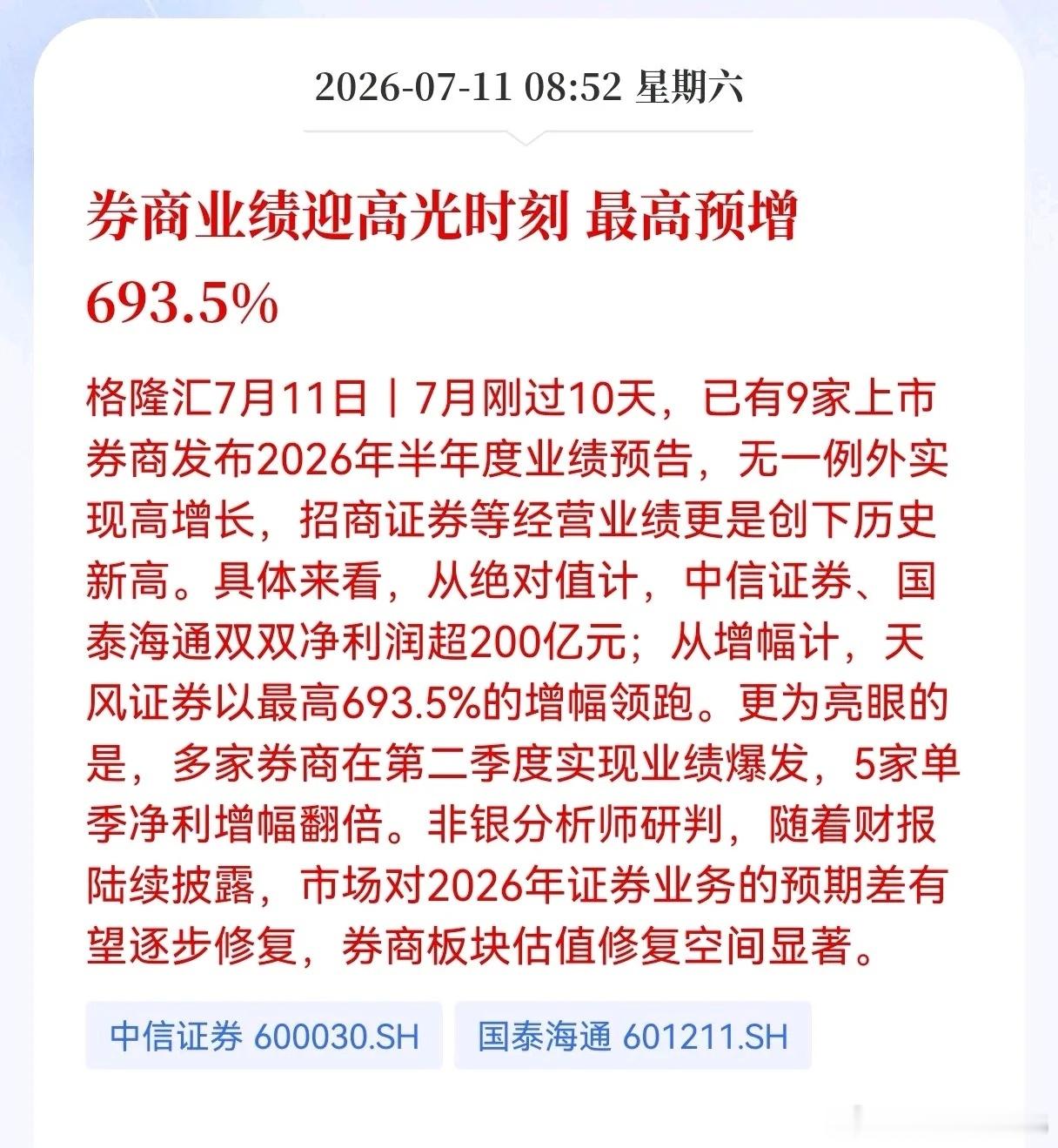 好消息！重大好消息！券商业绩迎高光时刻！最高预增693.5%，两大龙头半年净利