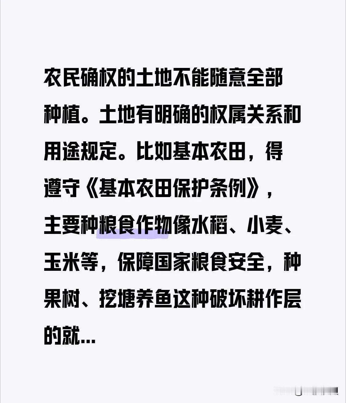 农民确权的土地不能随意全部种植。土地有明确的权属关系和用途规定。比如基本农田，得