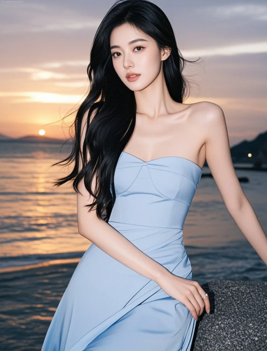 连衣裙在风中轻扬，夕阳把她的背影染成金色