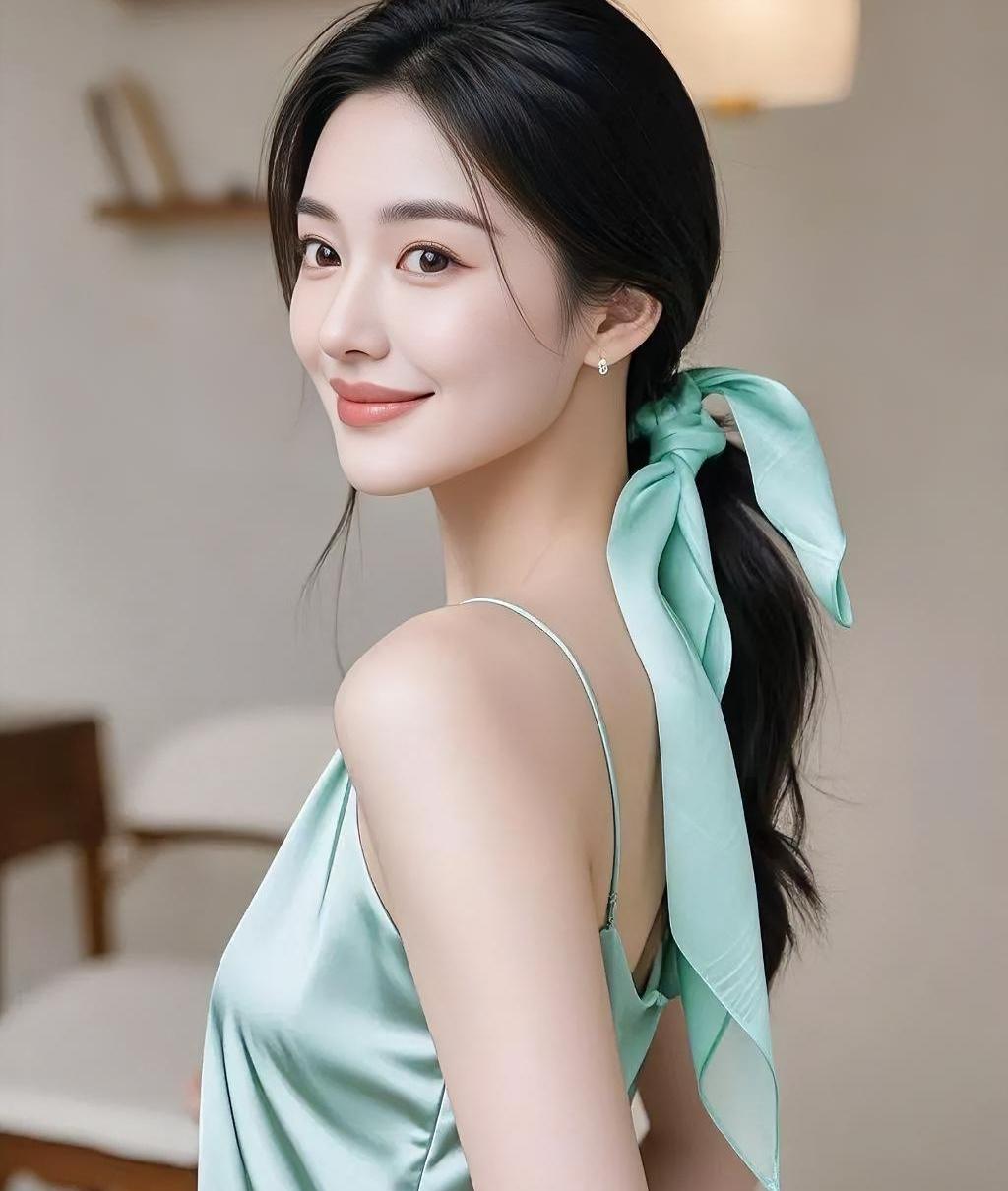 青丝系着风，蝶结停在肩后。浅绿裹住光，回眸一笑温柔。灯影暖如旧，