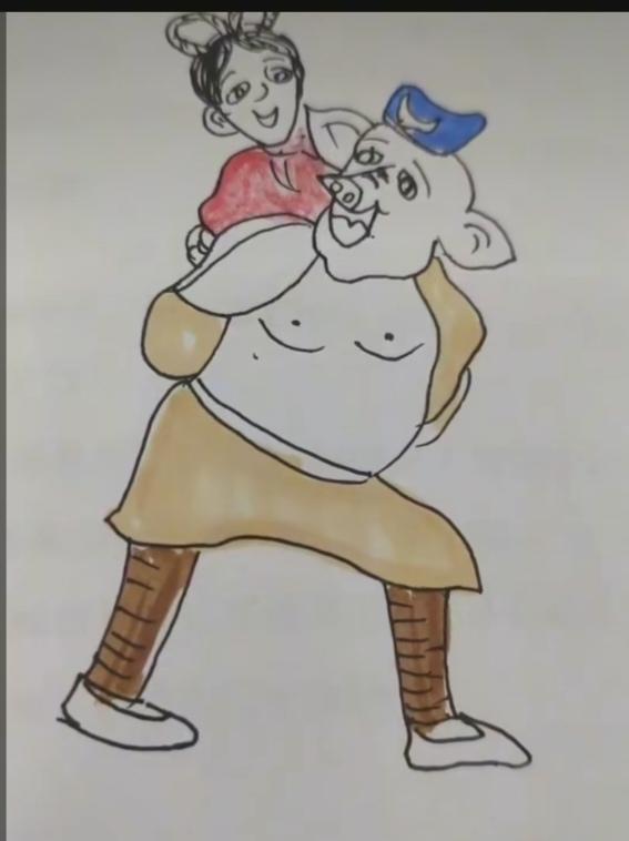 〔看图猜成语〕图中画面真是好；老朱就把媳妇背；谐音猜个成语来；心甘情愿看