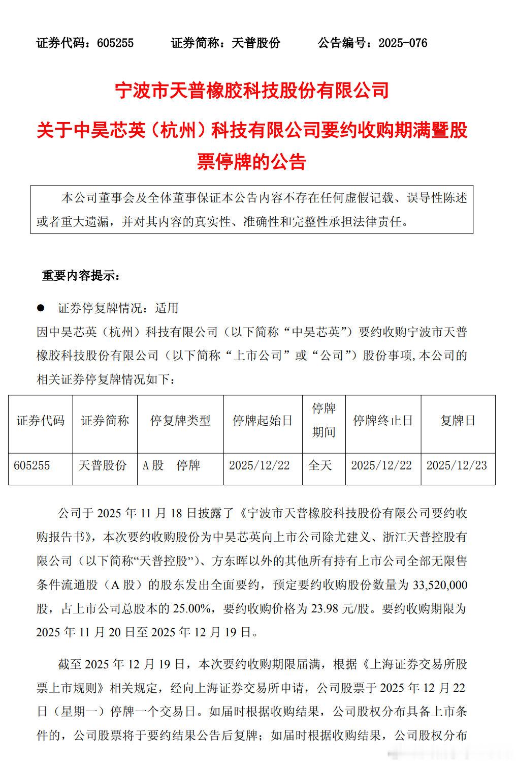 【天普股份12月22日起停牌】12月19日，天普股份(605255.SH)公告称