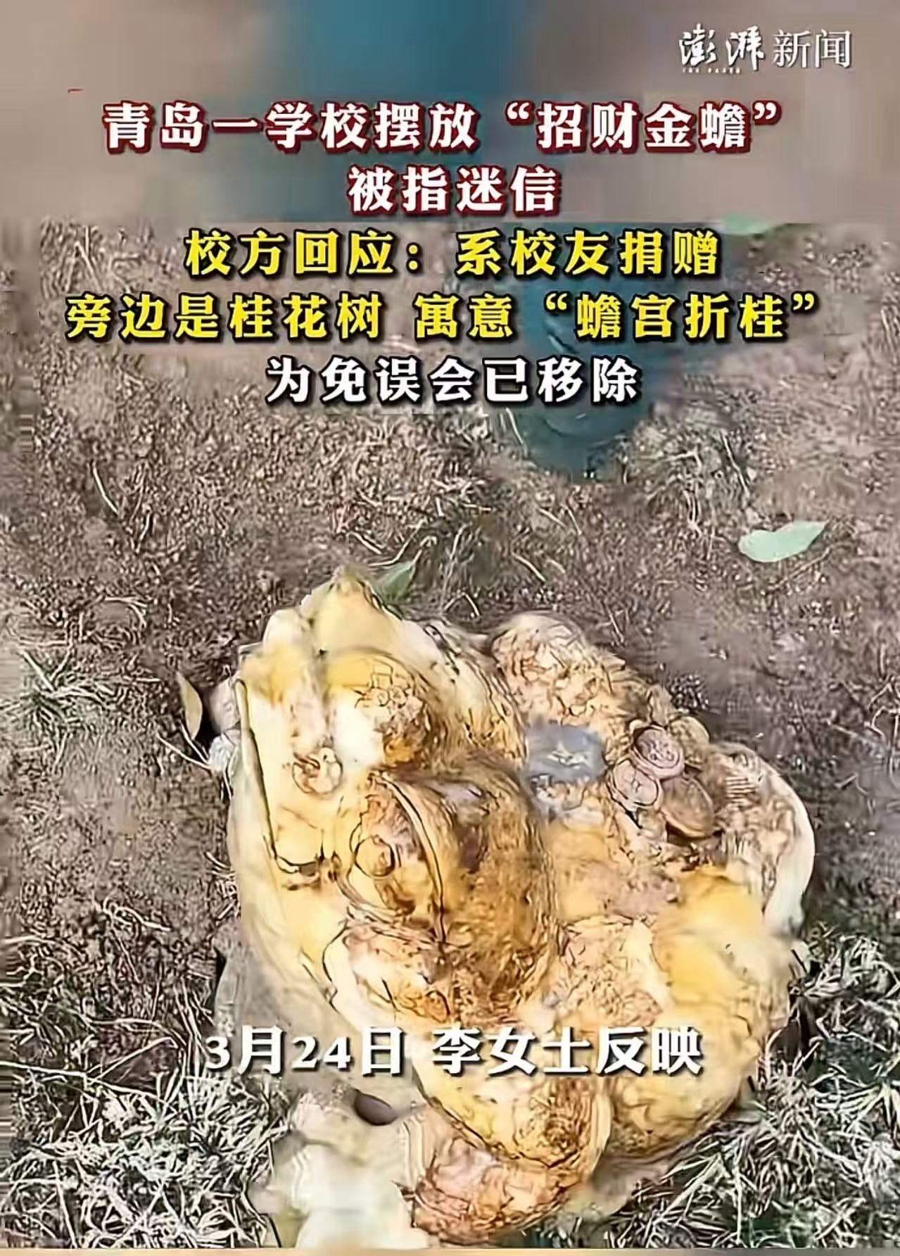 山东青岛，一学校摆放招财金蟾被指迷信！举报人：“金蟾正对校长室窗户，这是在搞封建