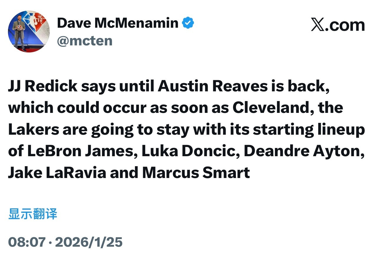 雷迪克表示，在里夫斯回归（最早可能在对阵骑士的比赛中复出）之前，湖人将维持现有的