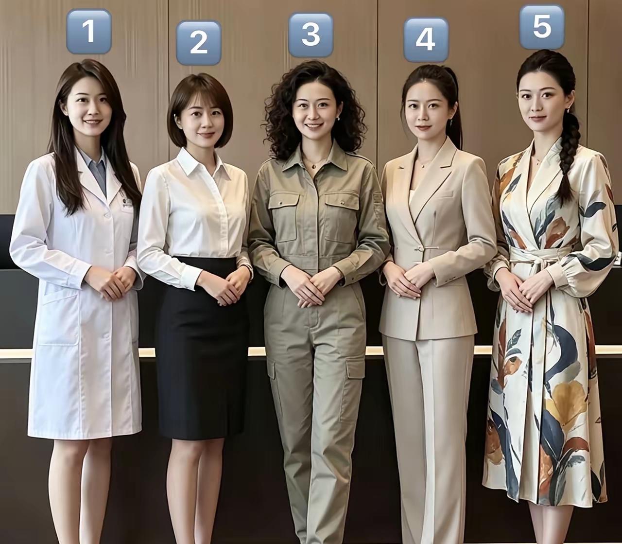 在这五位美女里，3号楚楚动人真漂亮，5号优雅大方特好看，我选2号，穿着短裙时尚又