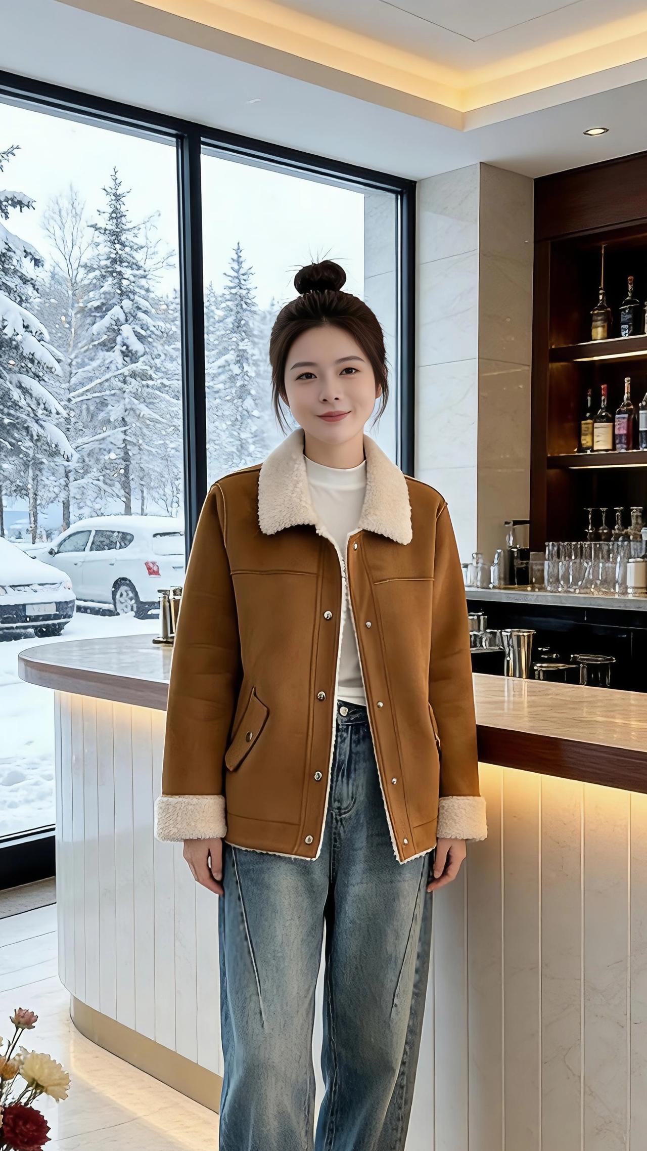 雪窗下的暖棕冬日的窗棂框住了一片银白，雪絮落在松枝上，压弯了梢头，也把窗外