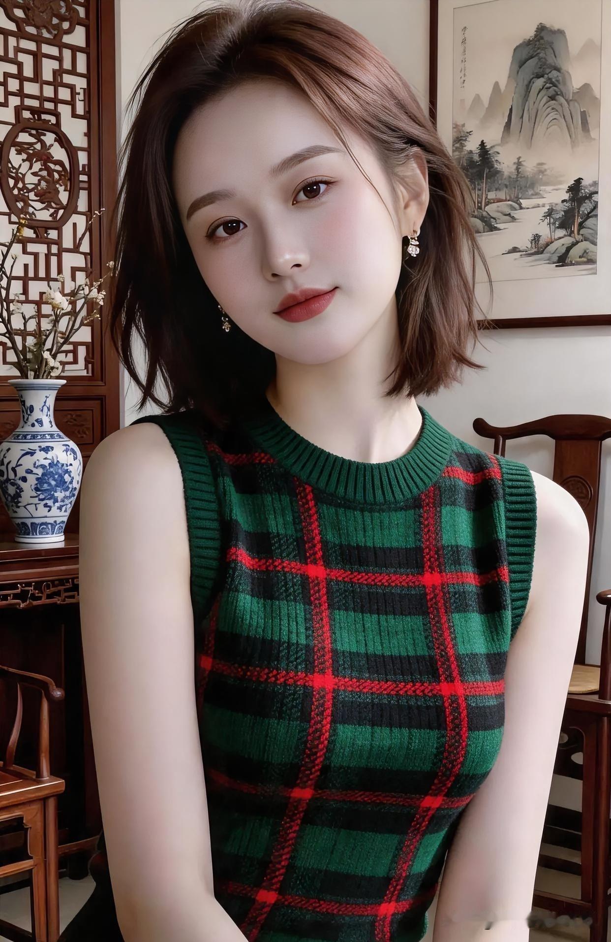 幽室兰香，青花瓷映古屏。绿红格纹凝眸，温婉如玉。一室雅韵，满眸清辉，尽显东方佳人