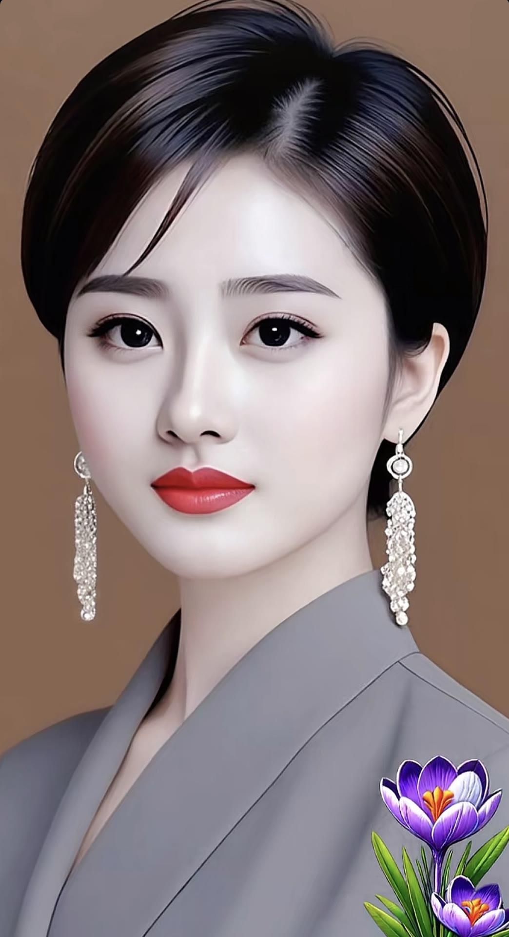 优雅气质，紫色花饰，复古妆容，时尚穿搭