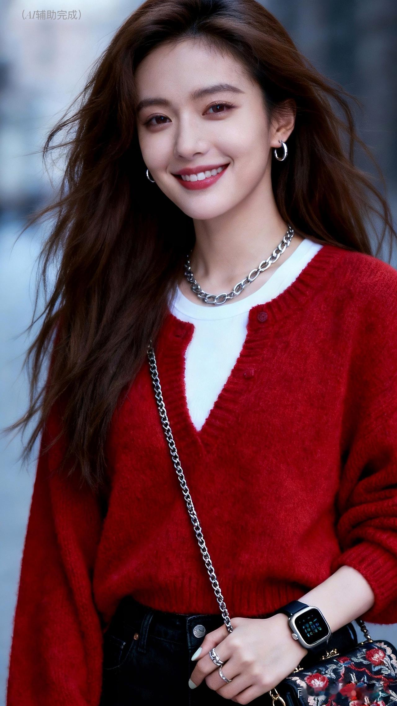 棕褐长发随风扬，红毛衣搭白内暖又亮。银链闪、链条包缀花，眉眼弯弯笑靥甜。智能表戒