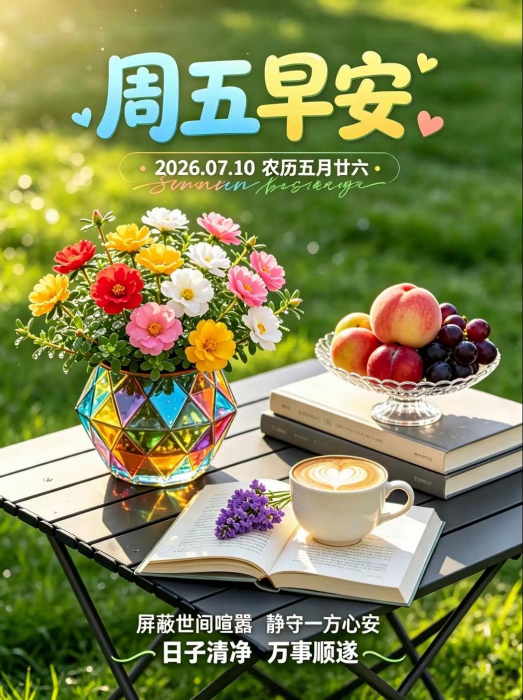 🌈周五晨光如约而至，不求事事完美，只求平安欢喜地度过今日。愿好运时刻环绕身旁，