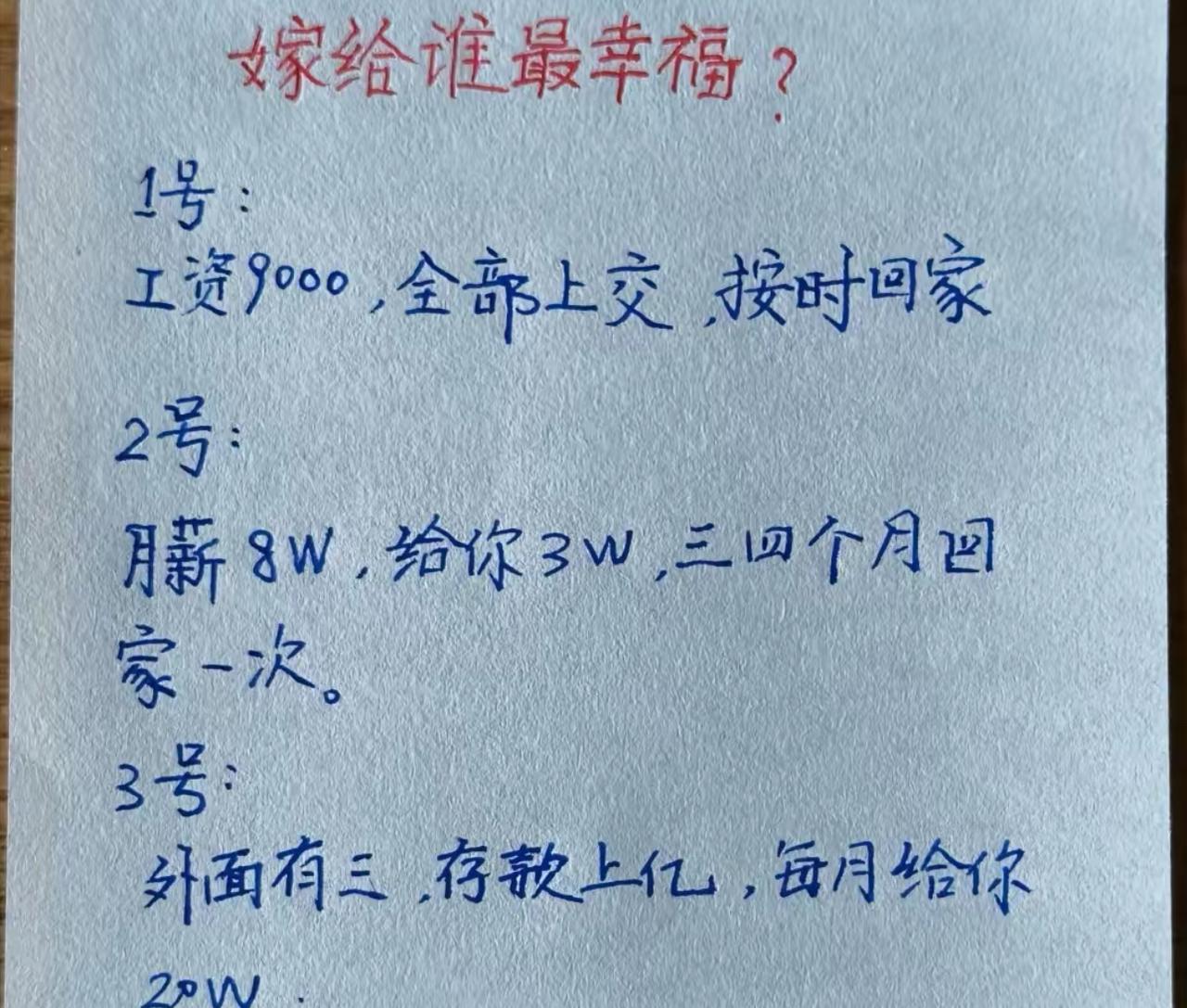 一道直击灵魂的婚恋选择题来了。一号月薪九千，工资全部上交，每天准点回家，人踏实，