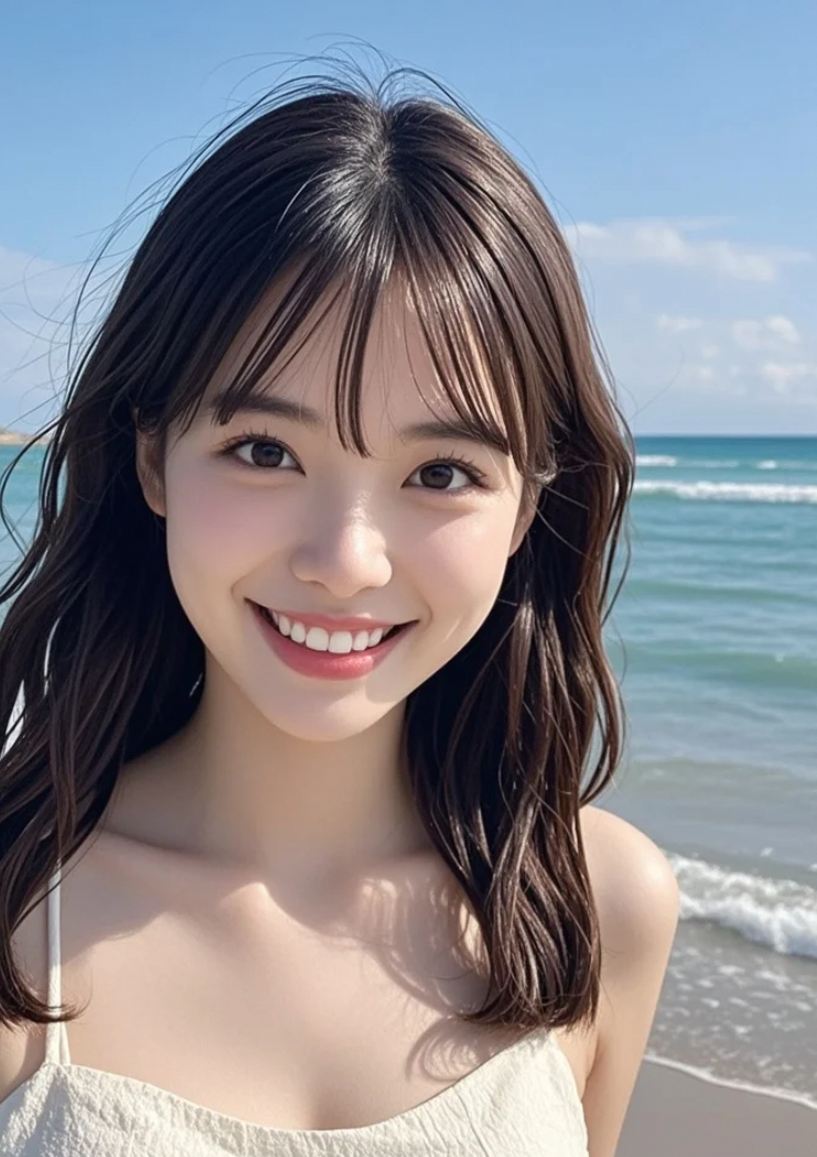 踏着细沙漫步，她的身影成为海边最迷人的画卷。