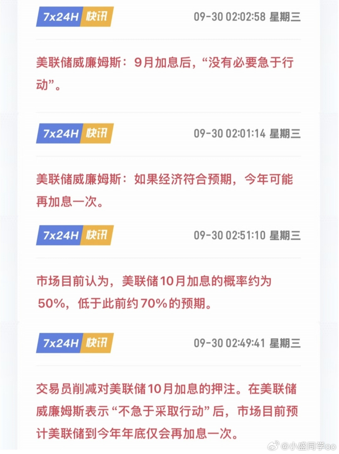 美联储威廉姆斯的讲话分量这么重吗，10月份可以不加息了，概率从70%降低至50%