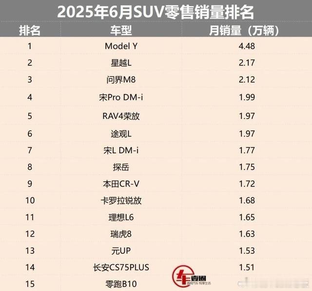 2025年6月SUV销量榜出炉，ModelY和问界M8表现亮眼！ModelY
