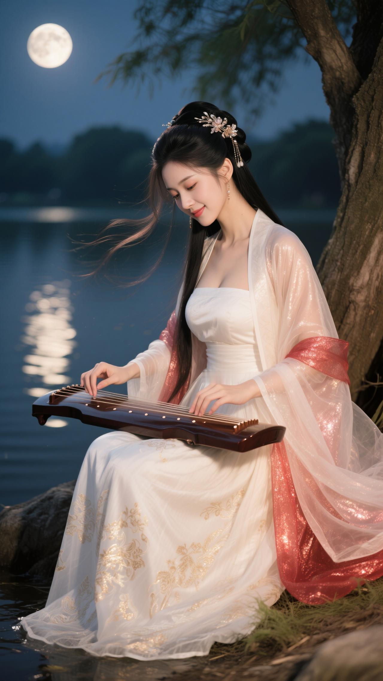 鹧鸪天·月夜抚琴罗袂生香倚岸汀，白绡轻覆玉光凝。花簪暗落玲珑影，素手闲调断