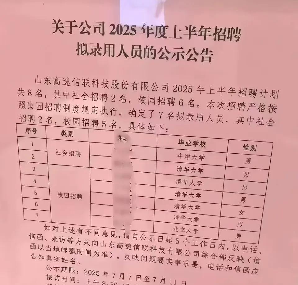 山东高速下属的一个科技公司，招聘员工时吸引了诸多名校毕业生。公示显示，7名拟录用