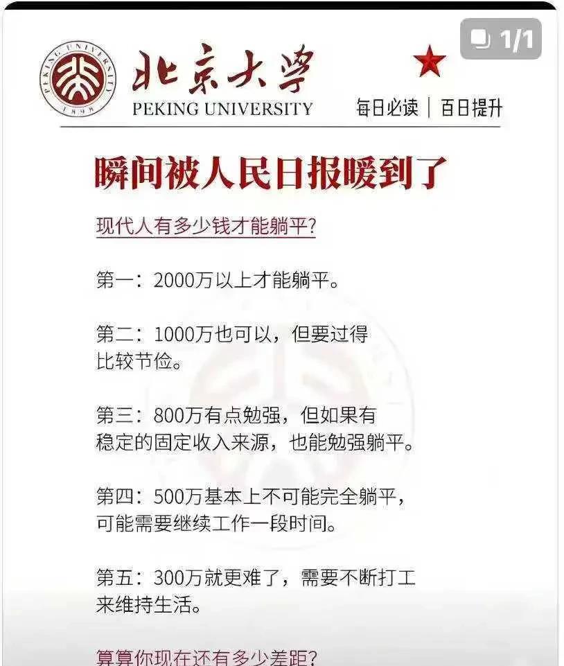 现代人要多少钱才能躺平，又被人民日报告诉我们了。现在生活压力大，钱又难挣，所以