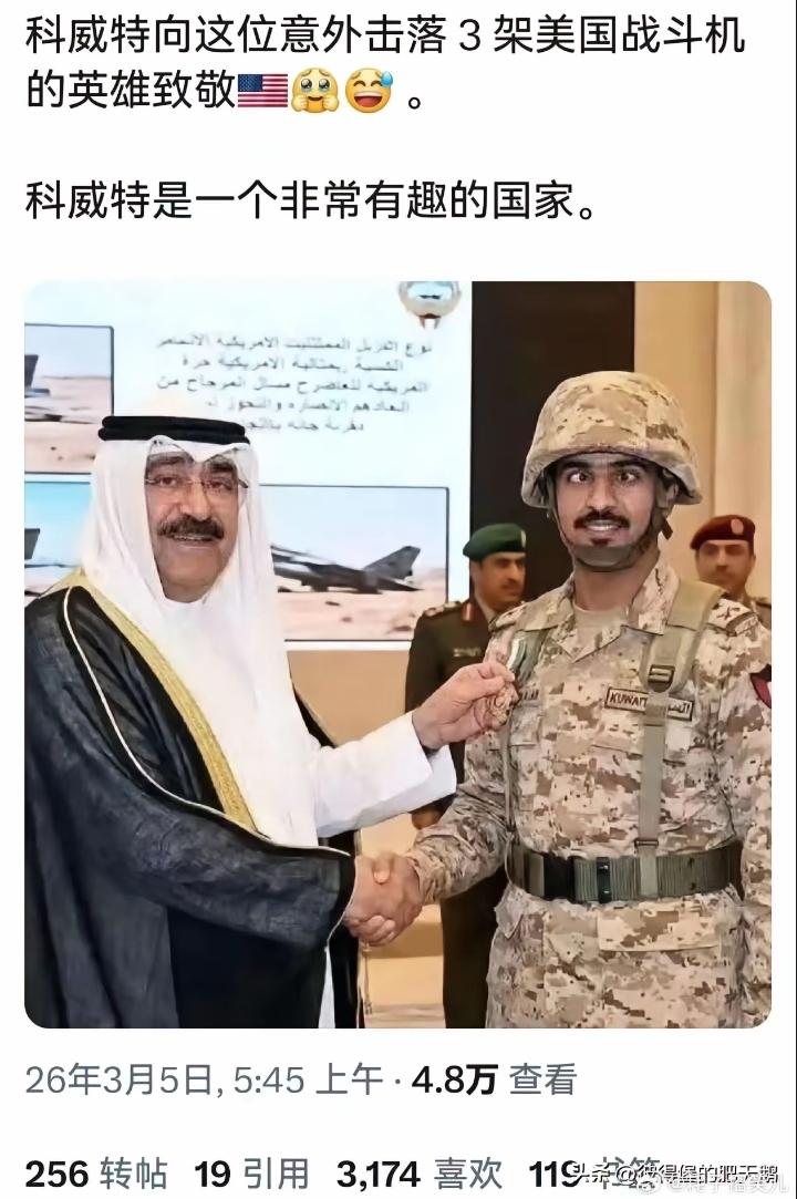 网上流传出，打下美军3架F15E战机的科威特空军“王牌飞行员”。有不少网友当真