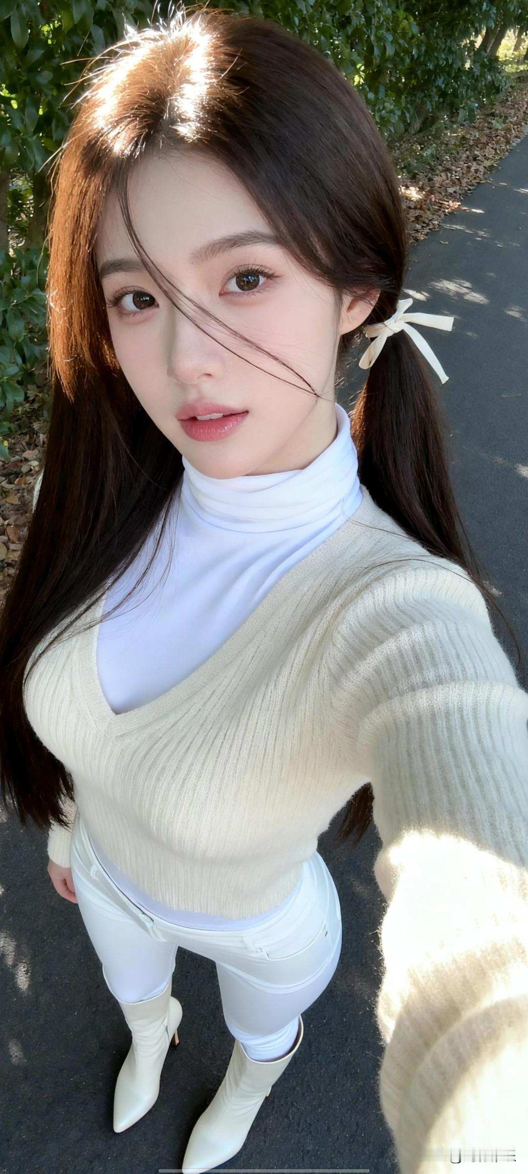 微胖身材如何穿搭才遮肉?阳光下的甜美自拍，白色毛衣搭配高领衫，清新自然！