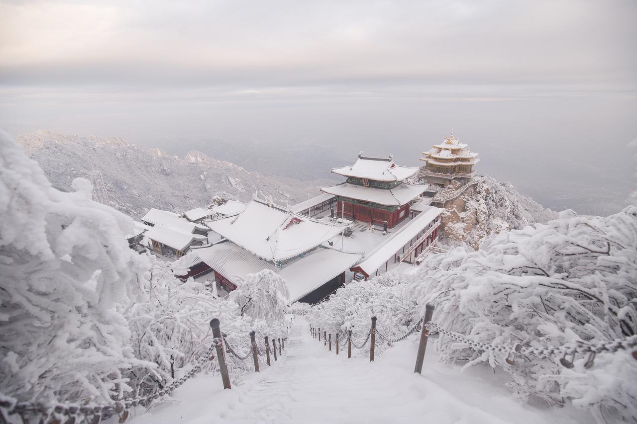 无人机镜头下的老君山彻底变了样！昨天还披着秋色外衣的山峦，今早醒来已满头白发。从