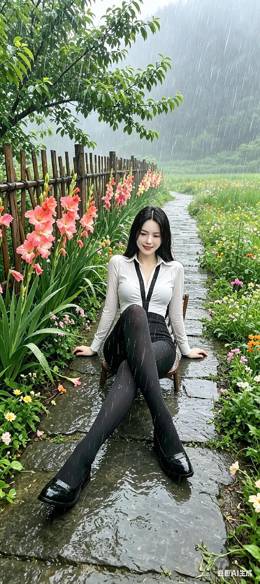 美女雨中悠闲自在，确实是一道亮丽的风景，但雨淋久了不好，当心感冒哦！雨景美照