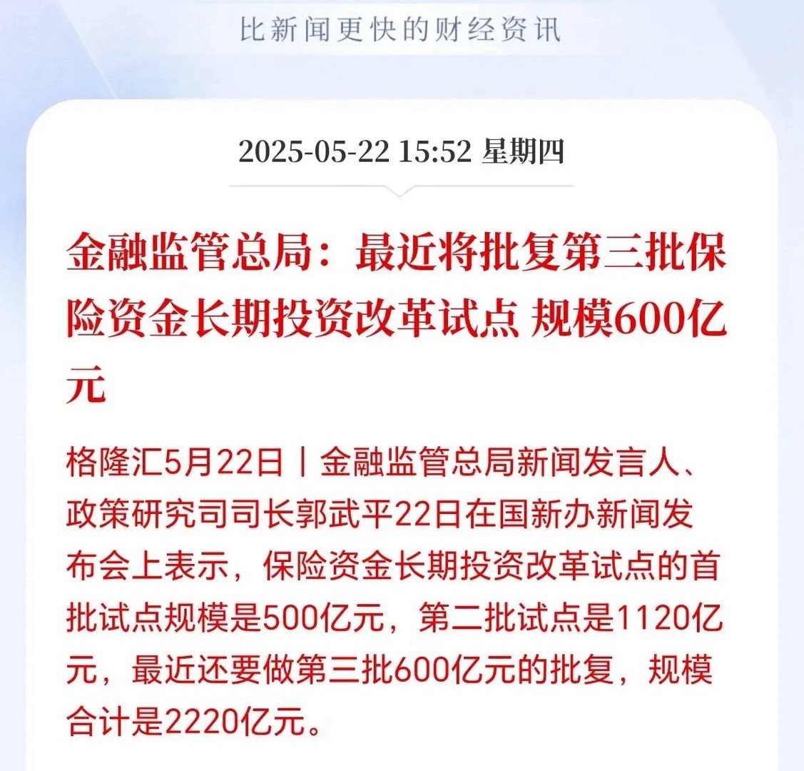 等待一根大阳线突破，第三批入市的险资批复了，越来越多的元子进场，险资规模合计22