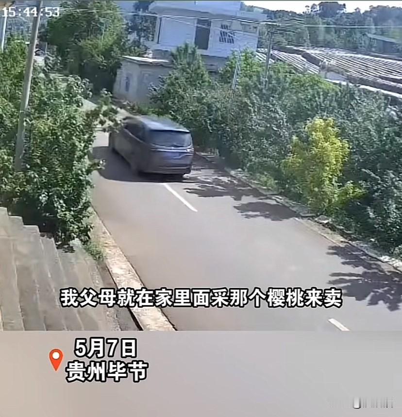 贵州毕节，老人路边摆摊卖樱桃，男子下车抱起一筐樱桃直接跑，邻居帮忙追了七公里没有