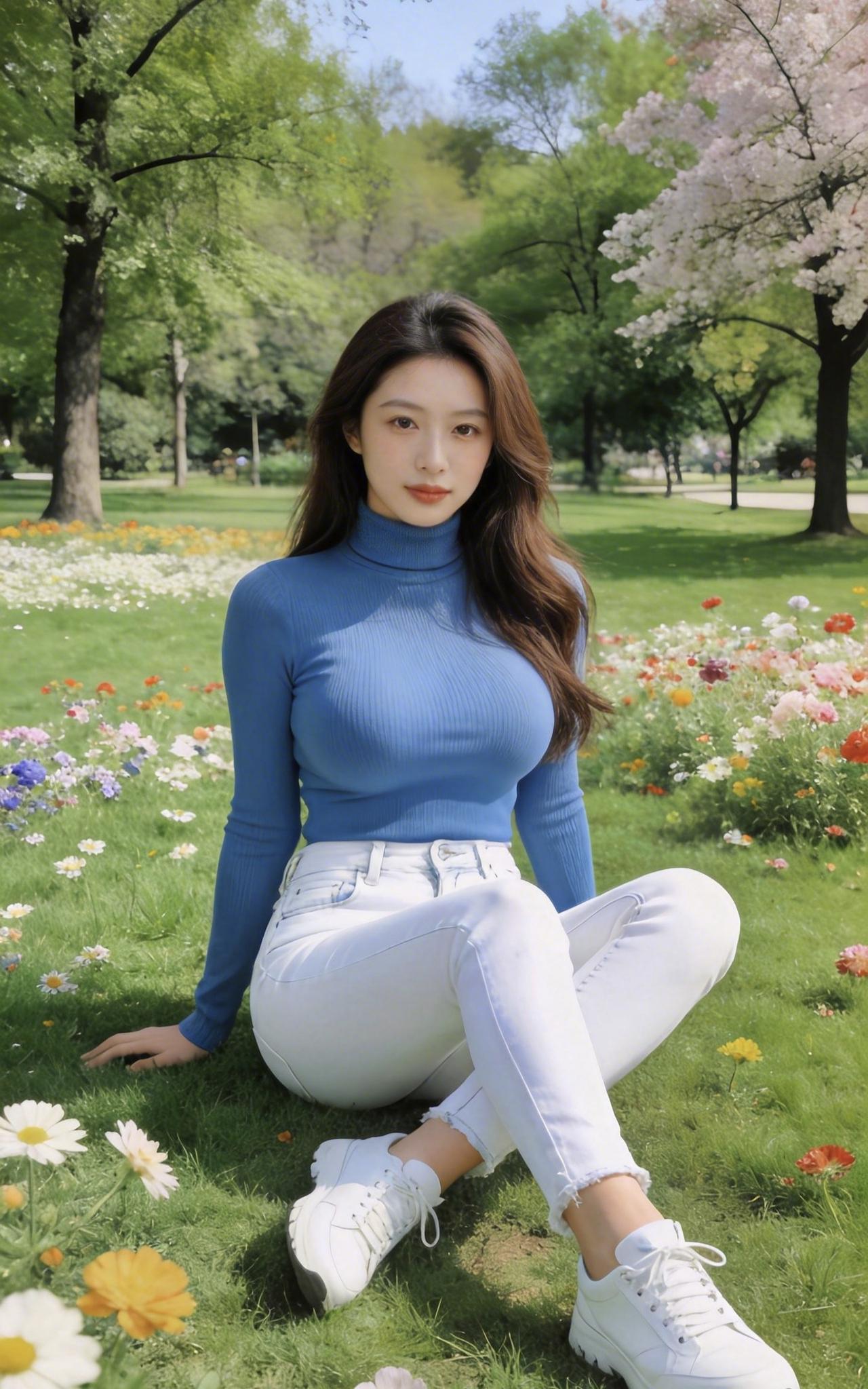 《晴郊闲坐》晴光漫洒碧芳丛，裙裾轻沾碎蕊风。云鬓垂肩凝晓露，蓝衫贴体衬娇