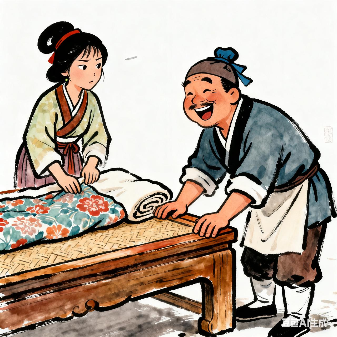 古代夫妻搞笑段子一天晚上，张木匠刚把新打的木床安好，摸着光溜的床沿直乐：“娘