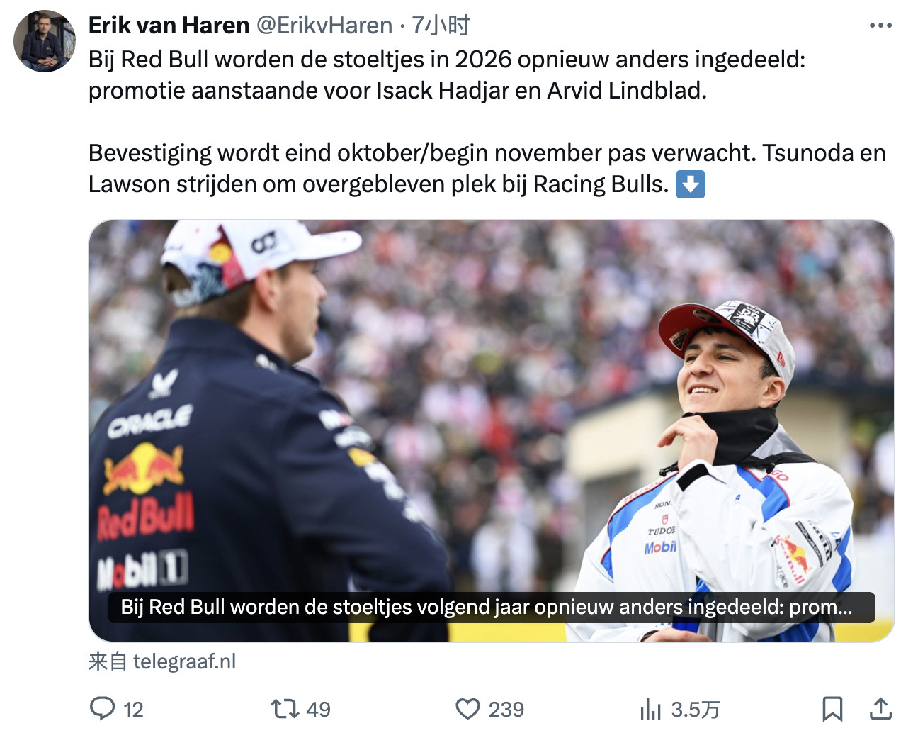 据ErikvanHaren报道，红牛车手阵容将在2026赛季再次发生变化，哈