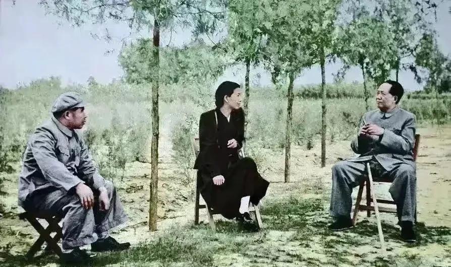 在绿意盎然的乡间，毛主席迈着稳健的步伐前来视察。他坐在简陋的小凳上，身着朴素的衣