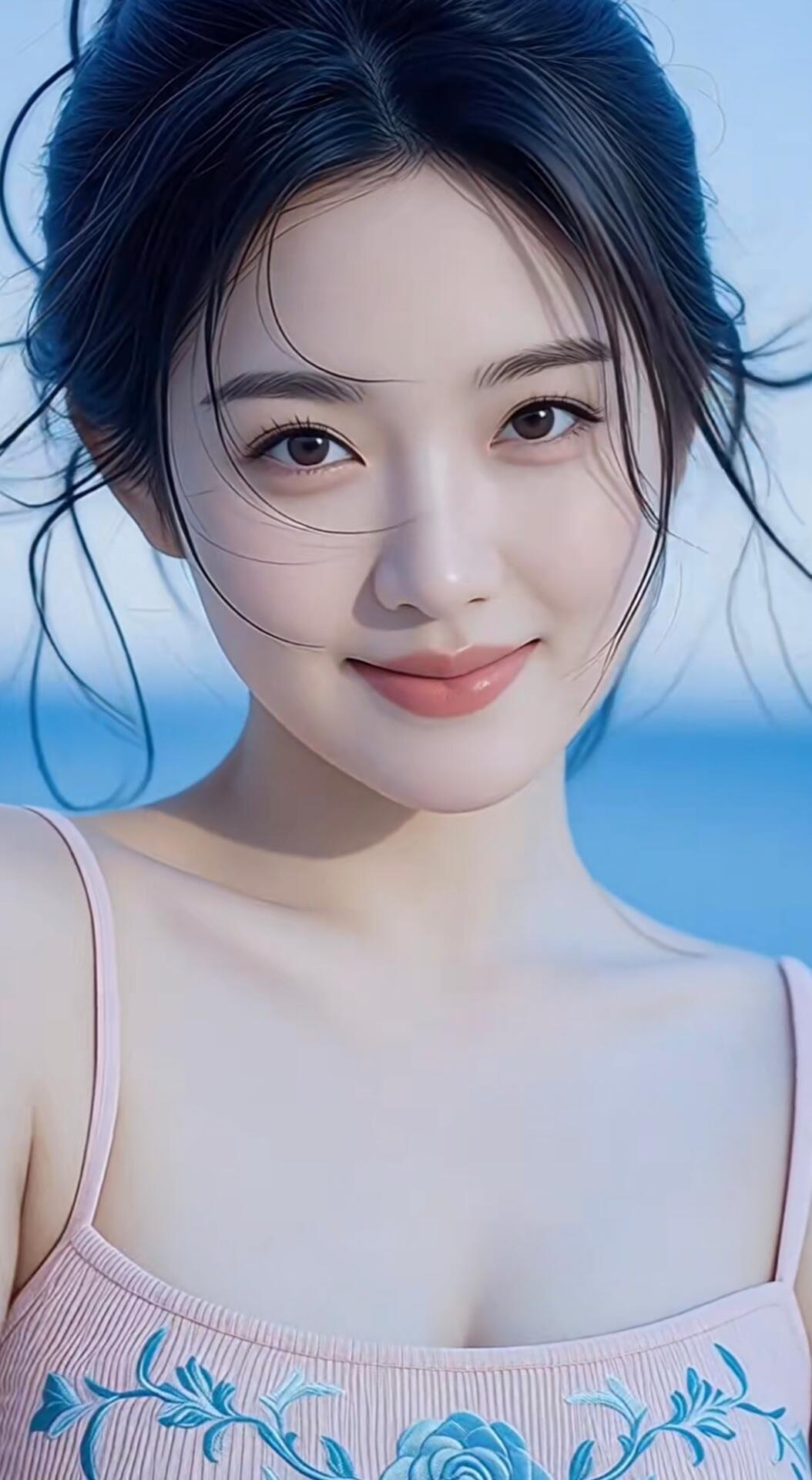 海边少女，微风拂面，笑靥如花。