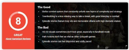 《八方旅人0》媒体评分解禁，GS为本作打出8分评价。优点顶尖的战斗系统，持续