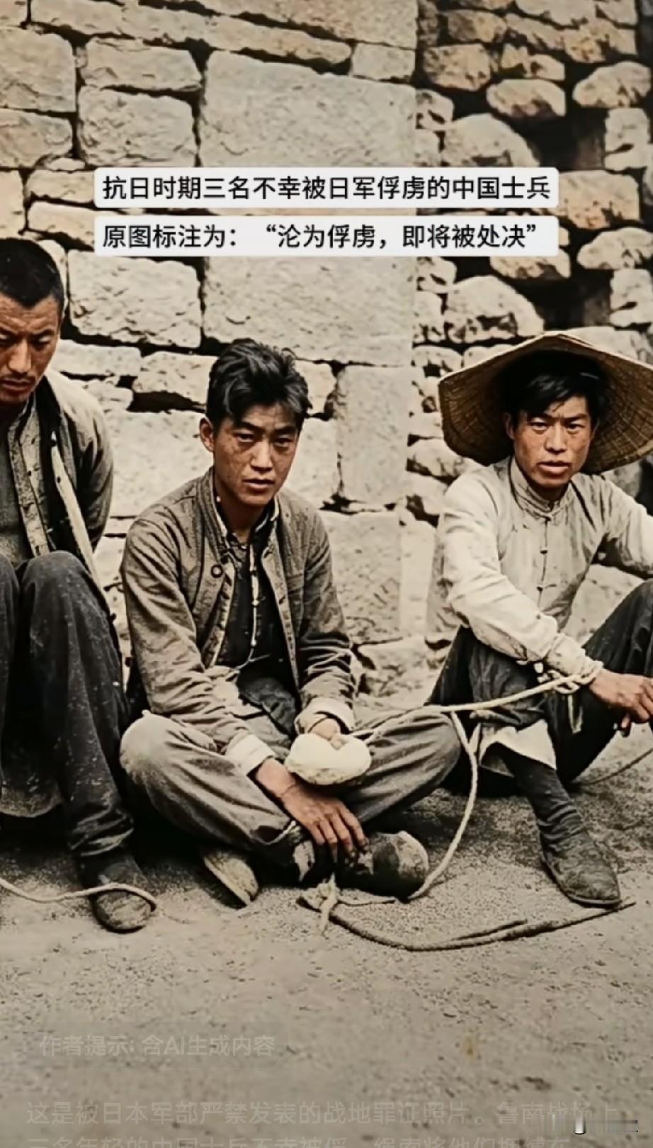 这是被日本军部严禁发表的战地罪证照片。鲁南战场上，三名年轻的中国士兵不幸被俘