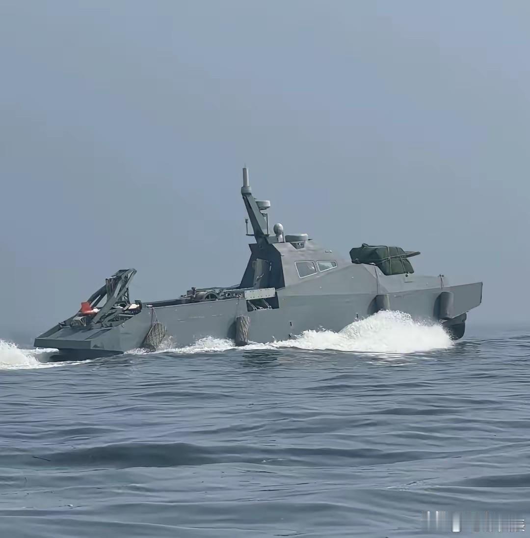 武德充沛的新型无人巡逻艇啊，舰首舰桥速射炮，舰桥后面有两组导弹发射箱。