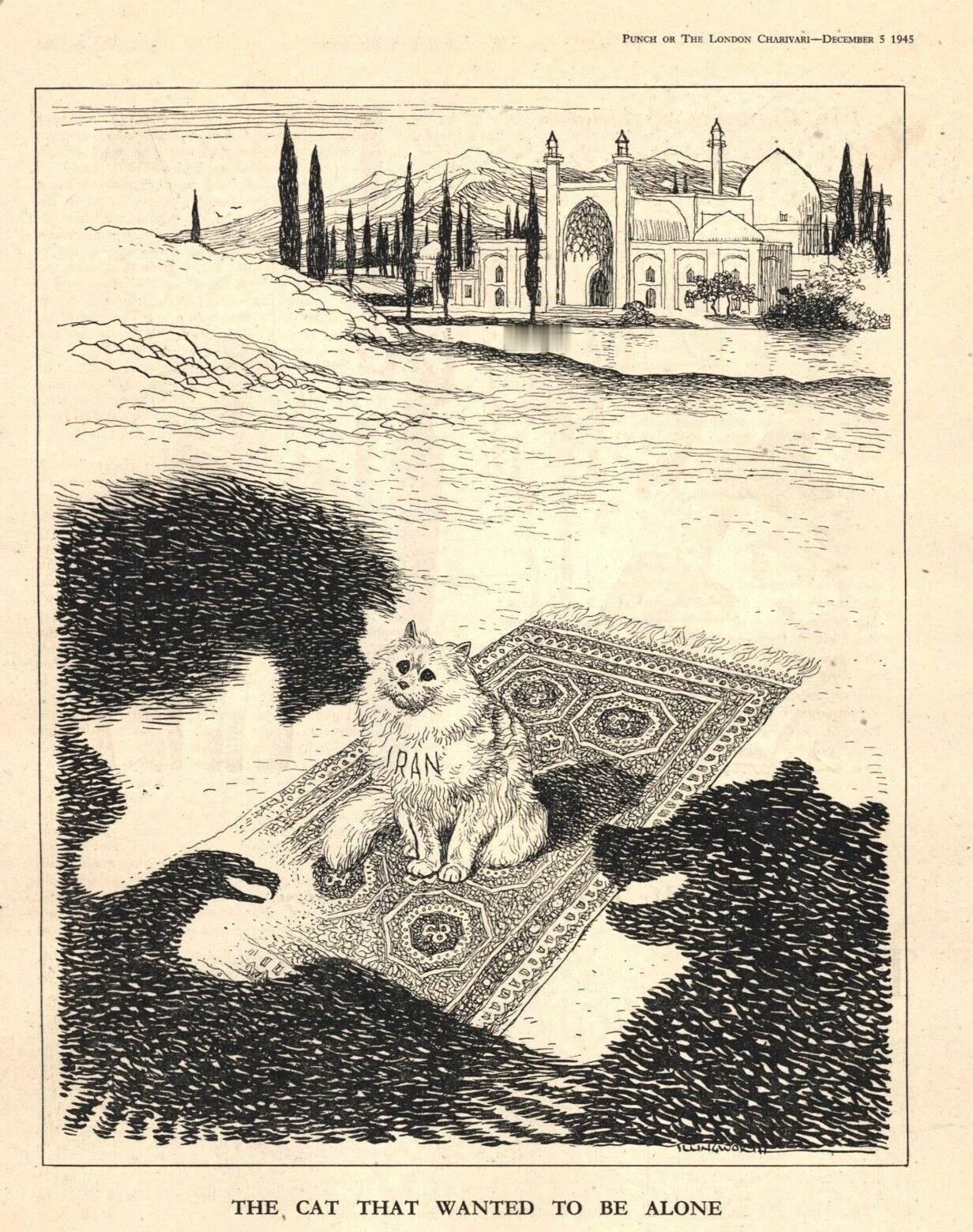 1945年12月5日，一幅英国漫画，英国狮子、美国白头鹰和俄罗斯熊邪恶地围绕着一