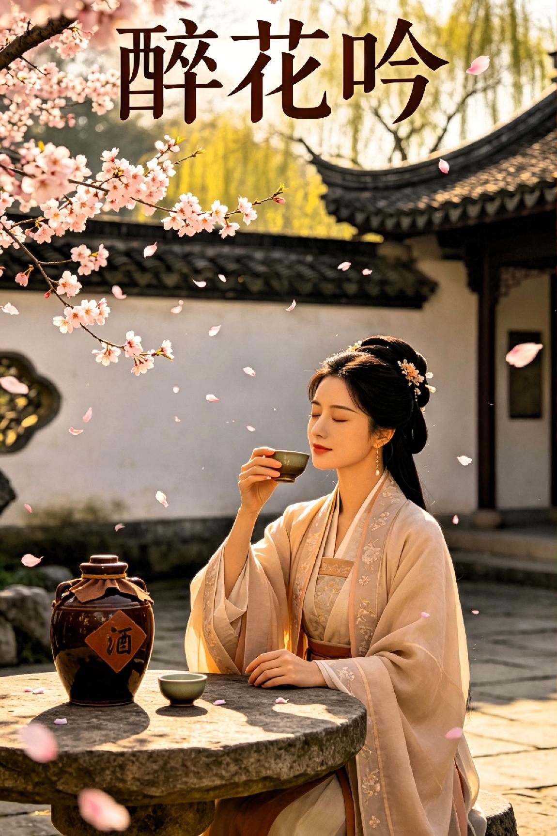 七律·醉花吟东风漫卷满庭芳，浅艳浮香绕画堂。粉蝶攀枝衔晓露，幽人